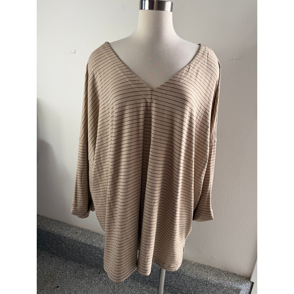 J Jill Wearever Womens Plus 4X Tan Black Striped Knit Tunic Top 3/4 Sleeve Shirt